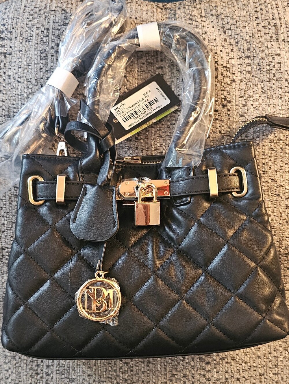BADGLEY MISCHKA Quilted Black Top-Handle Satchel with Gold Hardware